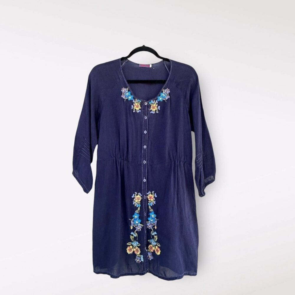 Johnny Was Womens Button Front Tunic Dress Floral Embroidered Size XS